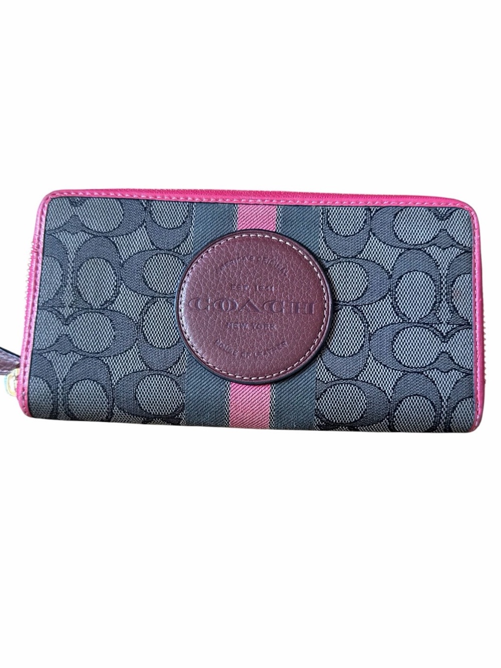 Coach Black and Pink Signature Zip Wallet with Leather Logo Patch
